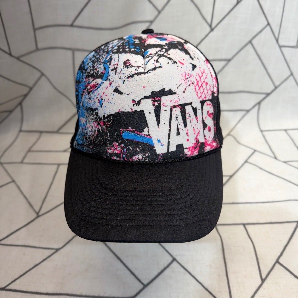 Vans Off the Wall Trucker Hat One Size Black Abstract Splatter Mesh VTG Otto